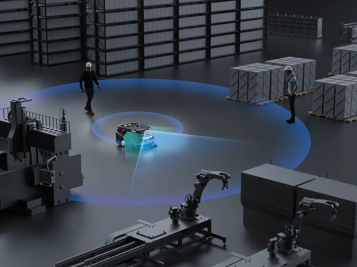 Robot naviguant entre les allées d'un entrepôt